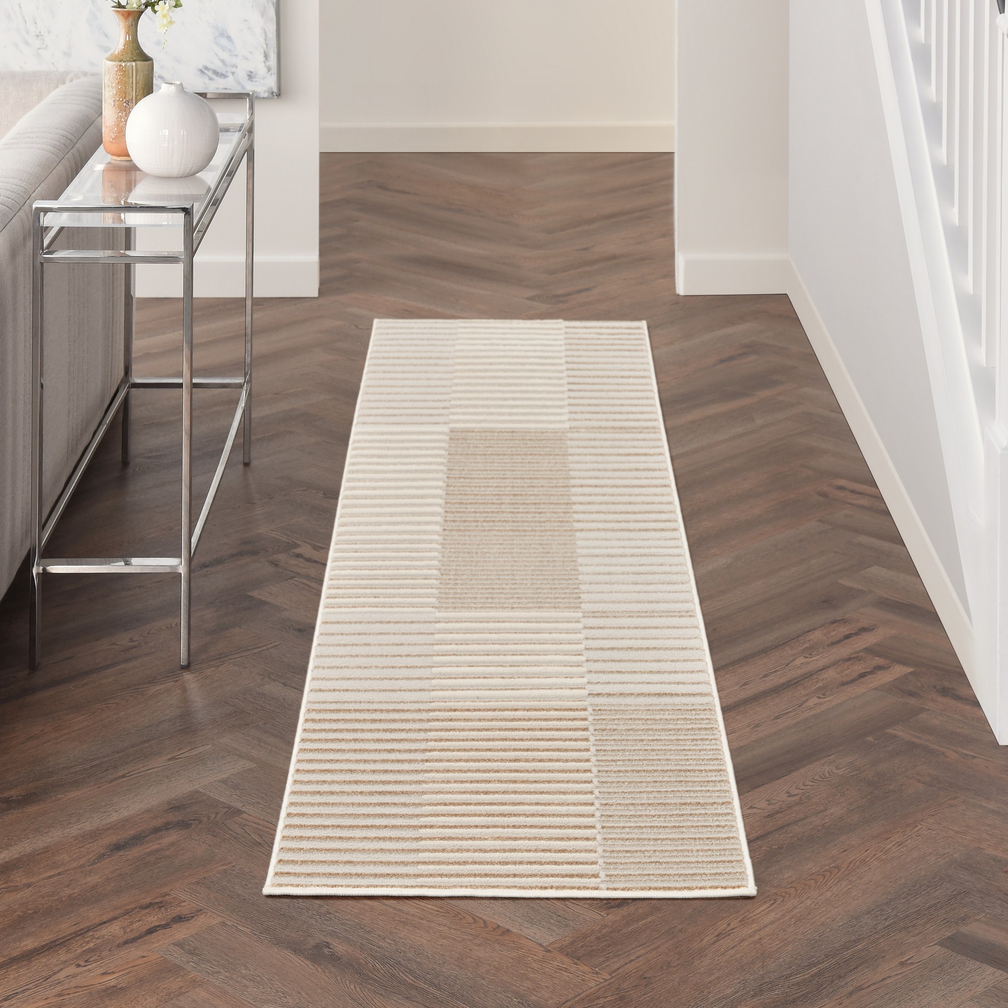 Brushstrokes Bsk04 Stripe Runner Rug By Nourison In Beige Silver